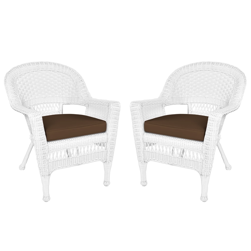 Jeco Wicker Chair in White with Brown Cushion (Set of 2)