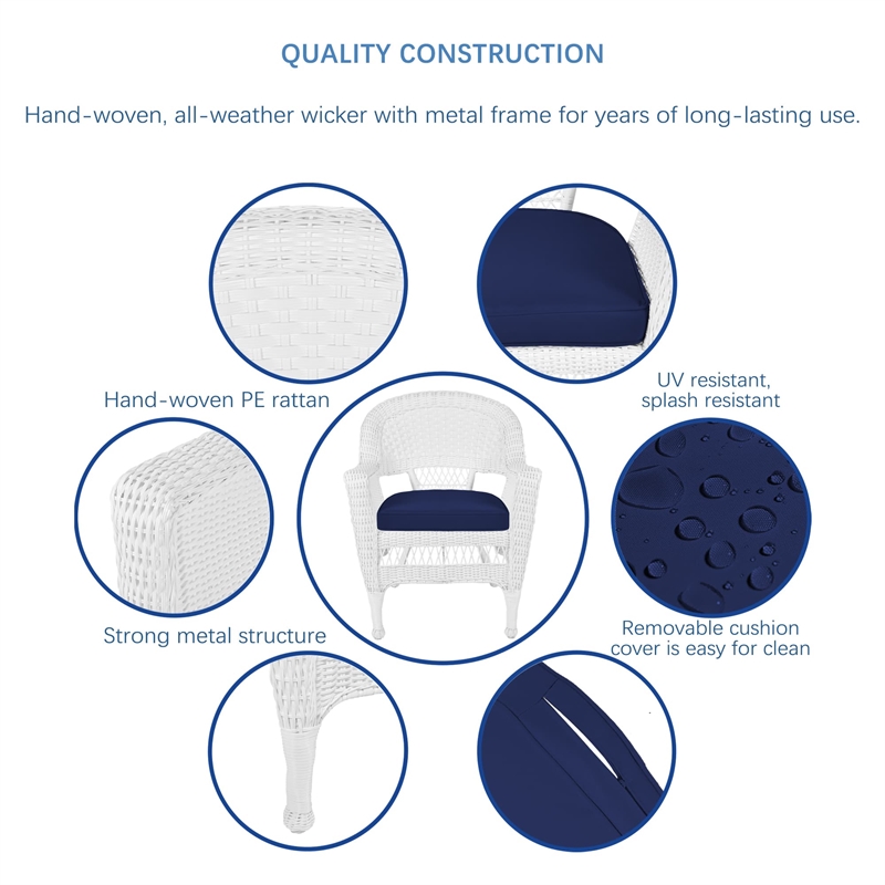 Jeco Wicker Wicker / Rattan Chair in White with Blue Cushion (Set of 2)