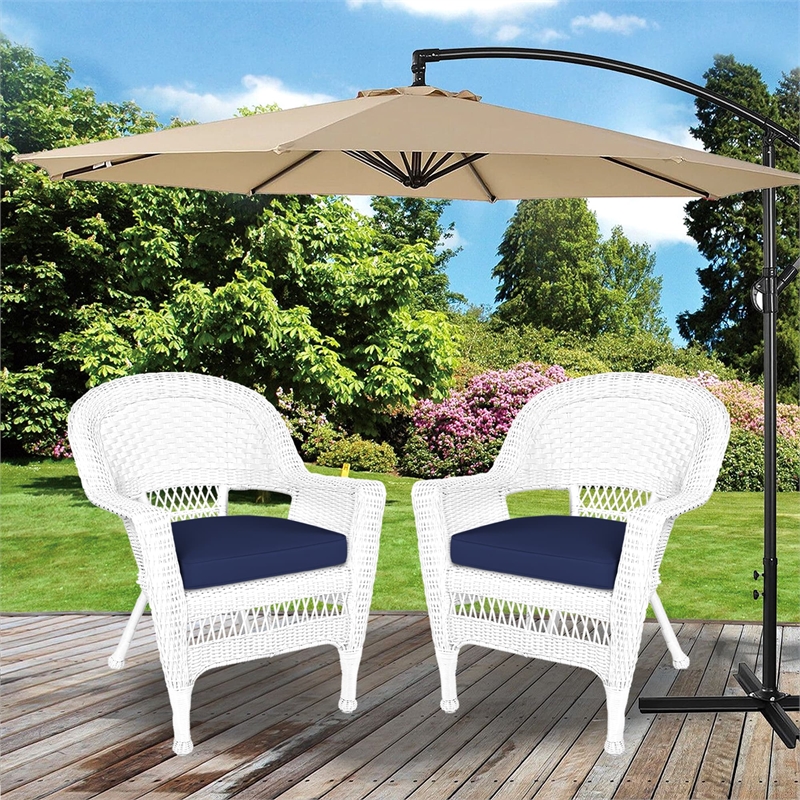 Jeco Wicker Wicker / Rattan Chair in White with Blue Cushion (Set of 2)