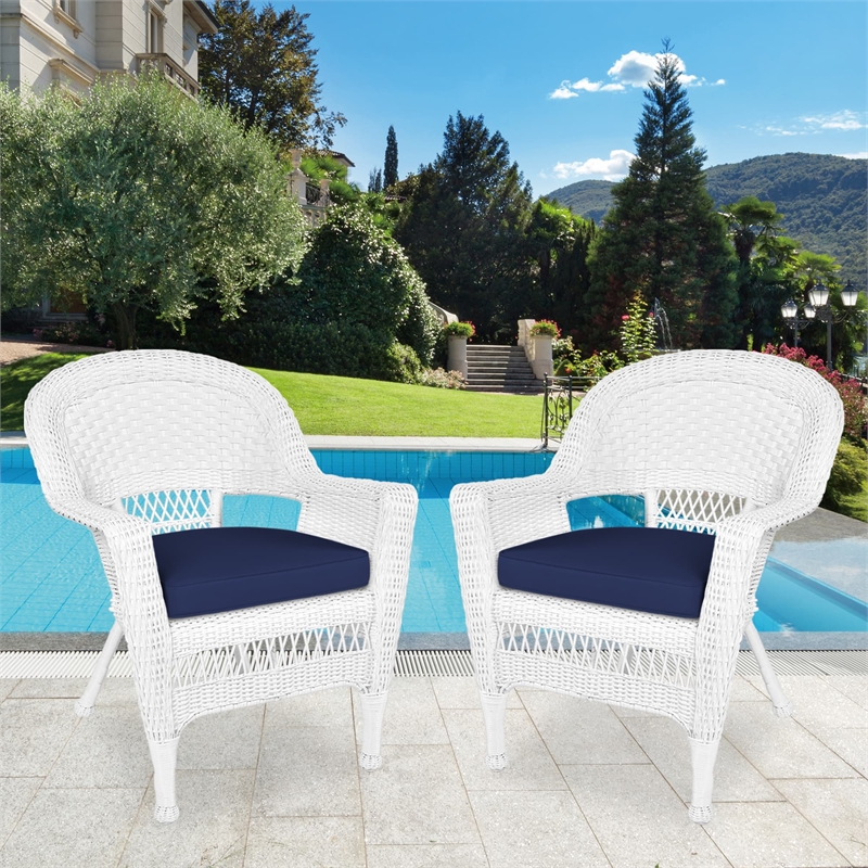 Jeco Wicker Wicker / Rattan Chair in White with Blue Cushion (Set of 2)