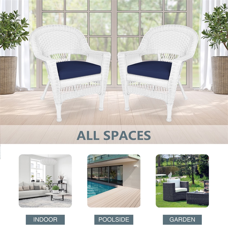 Jeco Wicker Wicker / Rattan Chair in White with Blue Cushion (Set of 2)