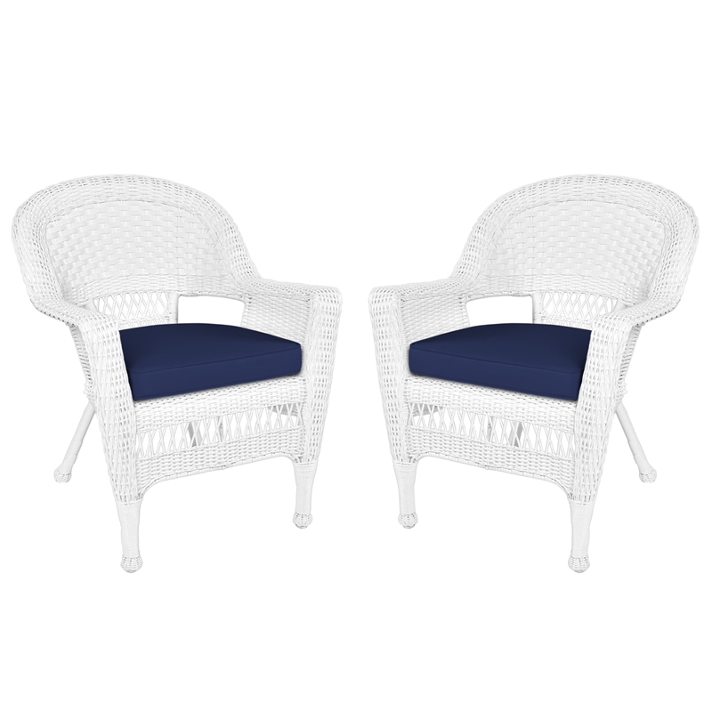 Jeco Wicker Wicker / Rattan Chair in White with Blue Cushion (Set of 2)