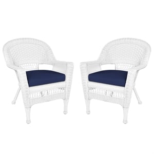 Jeco Wicker Wicker / Rattan Chair in White with Blue Cushion (Set of 2)