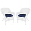 Jeco Wicker Wicker / Rattan Chair in White with Blue Cushion (Set of 2)