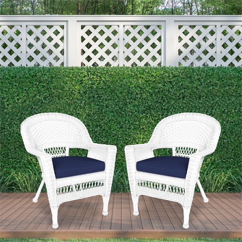 Jeco Wicker Wicker / Rattan Chair in White with Blue Cushion (Set of 2)