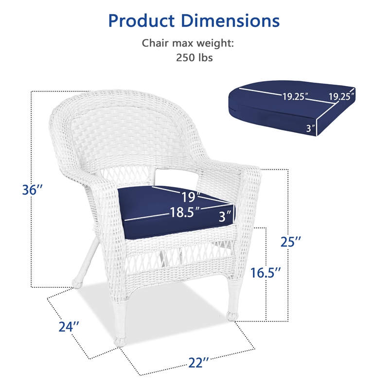 Jeco Wicker Wicker / Rattan Chair in White with Blue Cushion (Set of 2)