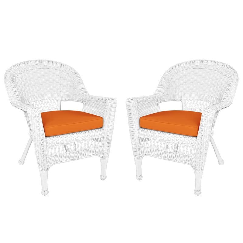 Jeco Wicker Chair in White with Orange Cushion (Set of 2)