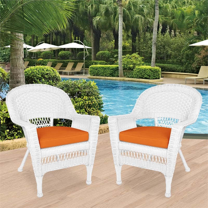 Jeco Wicker Chair in White with Orange Cushion (Set of 2)