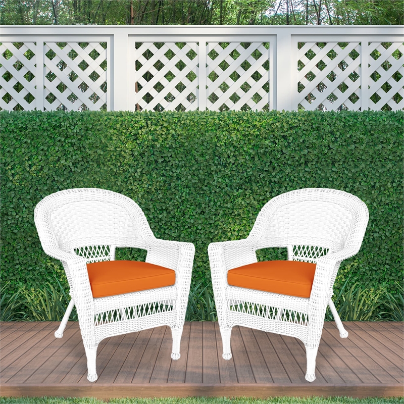 Jeco Wicker Chair in White with Orange Cushion (Set of 2)