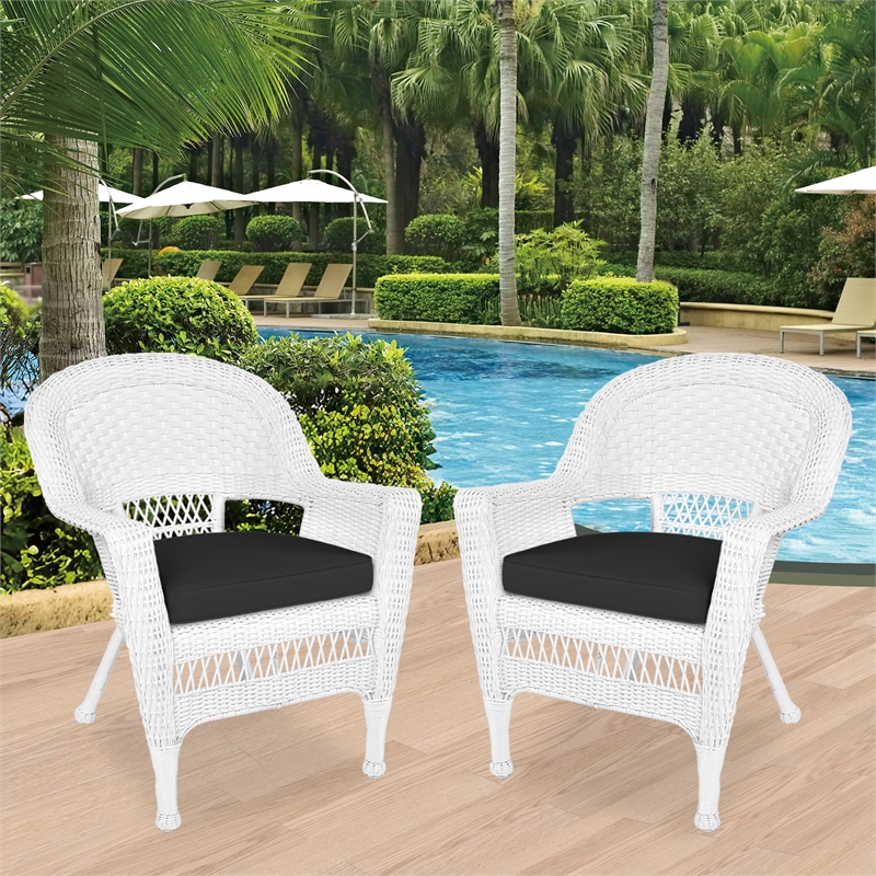 Jeco Wicker Chair in White with Black Cushion (Set of 2)