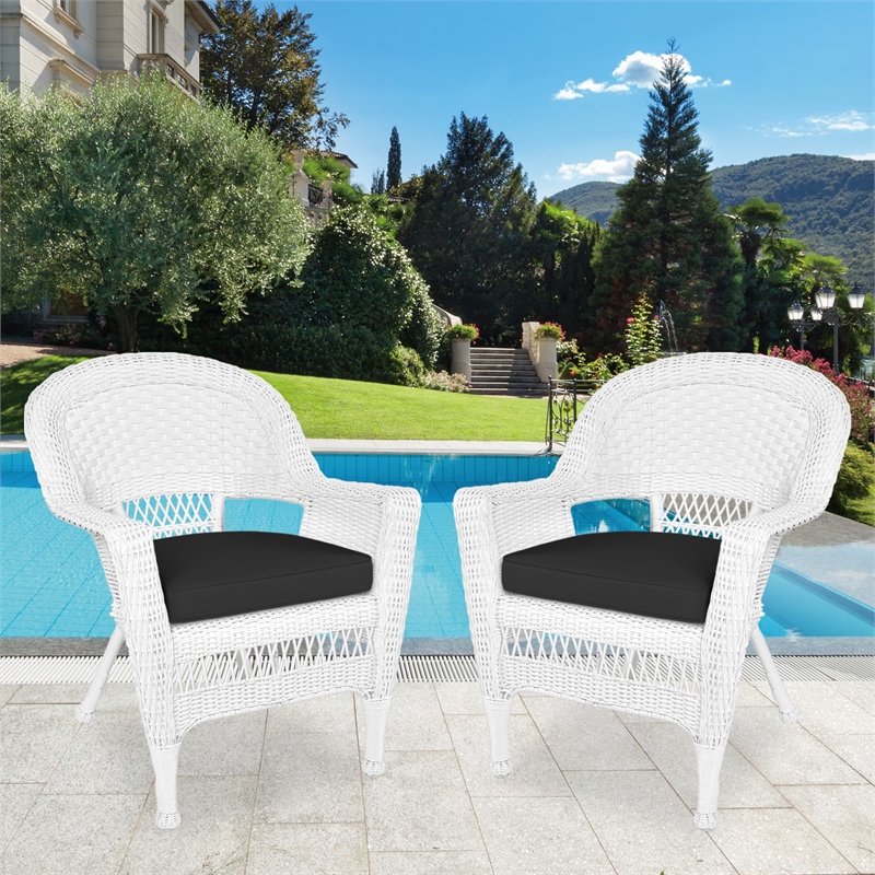 Jeco Wicker Chair in White with Black Cushion (Set of 2)