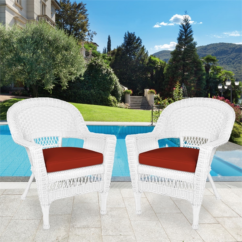Jeco Wicker Chair in White with Red Cushion (Set of 2)