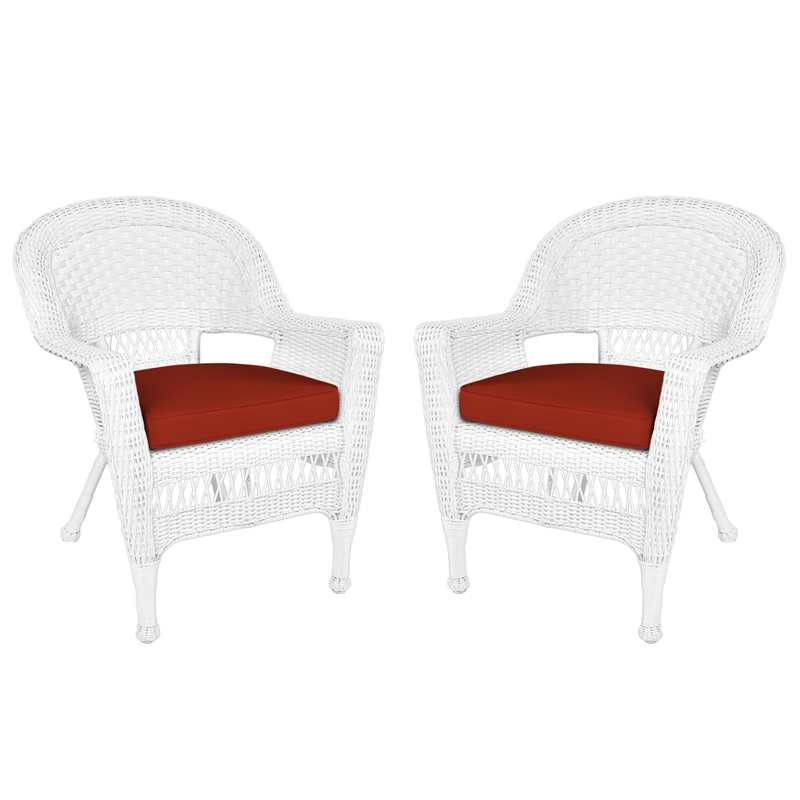 Jeco Wicker Chair in White with Red Cushion (Set of 2)