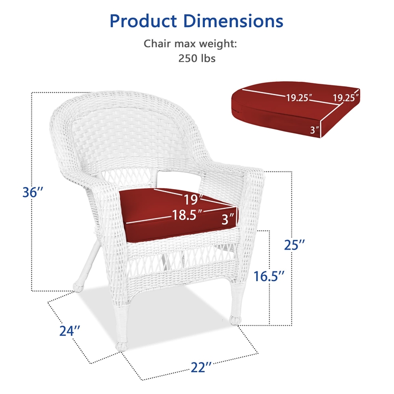 Jeco Wicker Chair in White with Red Cushion (Set of 2)