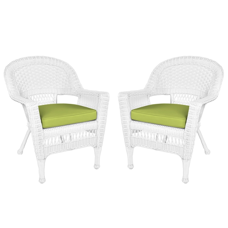Jeco Wicker Chair in White with Green Cushion (Set of 2)