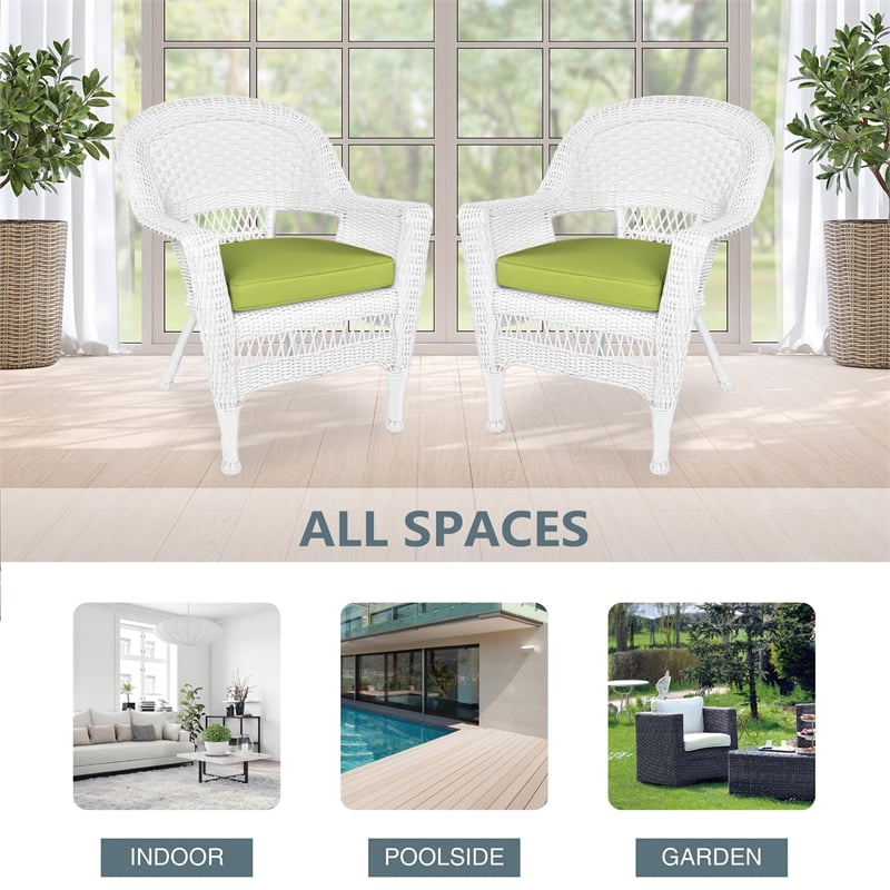 Jeco Wicker Chair in White with Green Cushion (Set of 2)