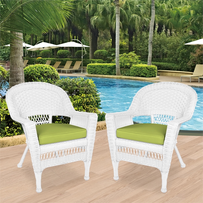 Jeco Wicker Chair in White with Green Cushion (Set of 2)