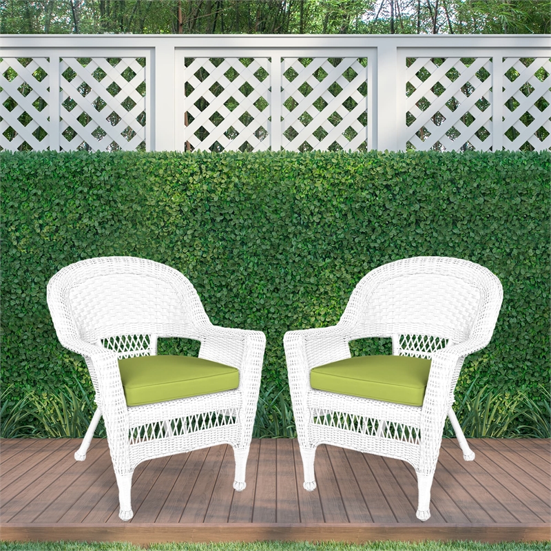 Jeco Wicker Chair in White with Green Cushion (Set of 2)