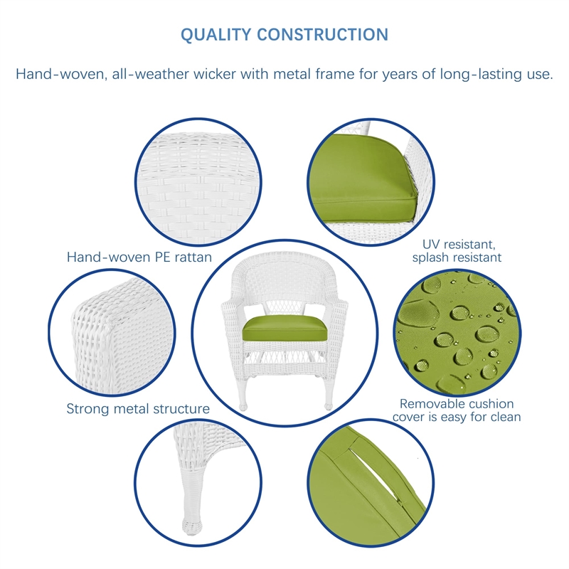 Jeco Wicker Chair in White with Green Cushion (Set of 2)