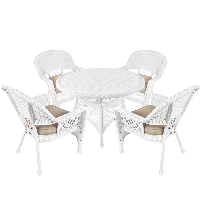 Jeco 5 Piece Resin Wicker Outdoor Patio Dining Set in White with Tan Cushion