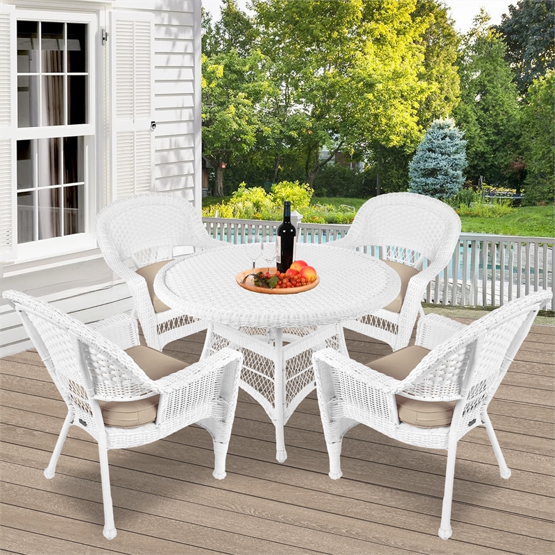 Jeco 5 Piece Resin Wicker Outdoor Patio Dining Set in White with Tan Cushion