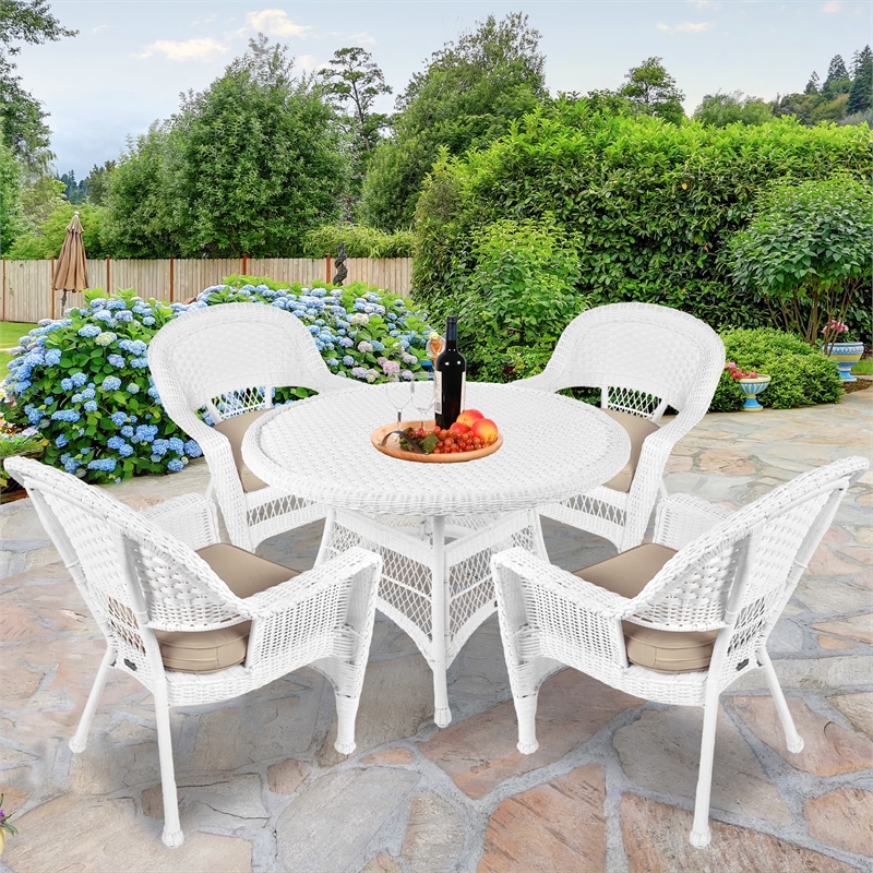 Jeco 5 Piece Resin Wicker Outdoor Patio Dining Set in White with Tan Cushion