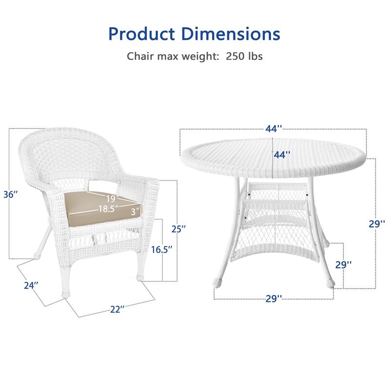 Jeco 5 Piece Resin Wicker Outdoor Patio Dining Set in White with Tan Cushion