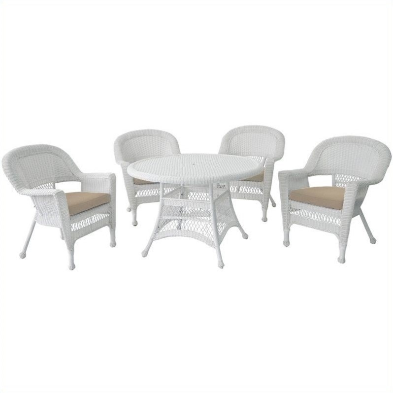 Jeco 5 Piece Resin Wicker Outdoor Patio Dining Set in White with Tan Cushion