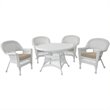 Jeco 5 Piece Resin Wicker Outdoor Patio Dining Set in White with Tan Cushion