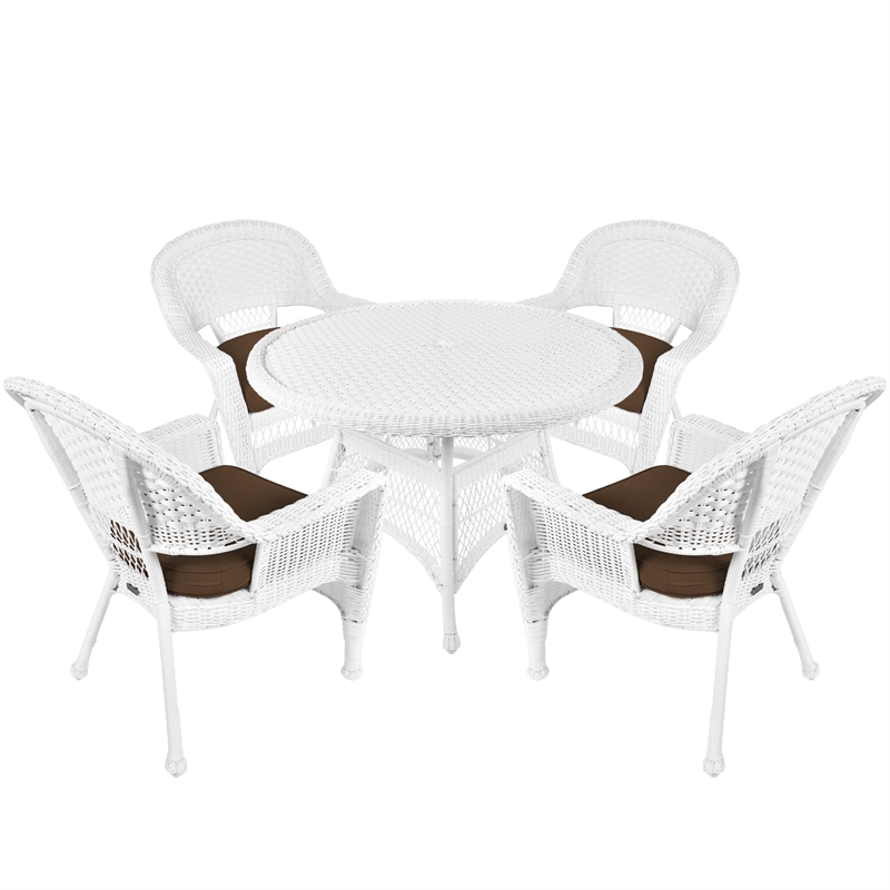Jeco 5 Piece Resin Wicker Outdoor Patio Dining Set in White with Brown Cushion