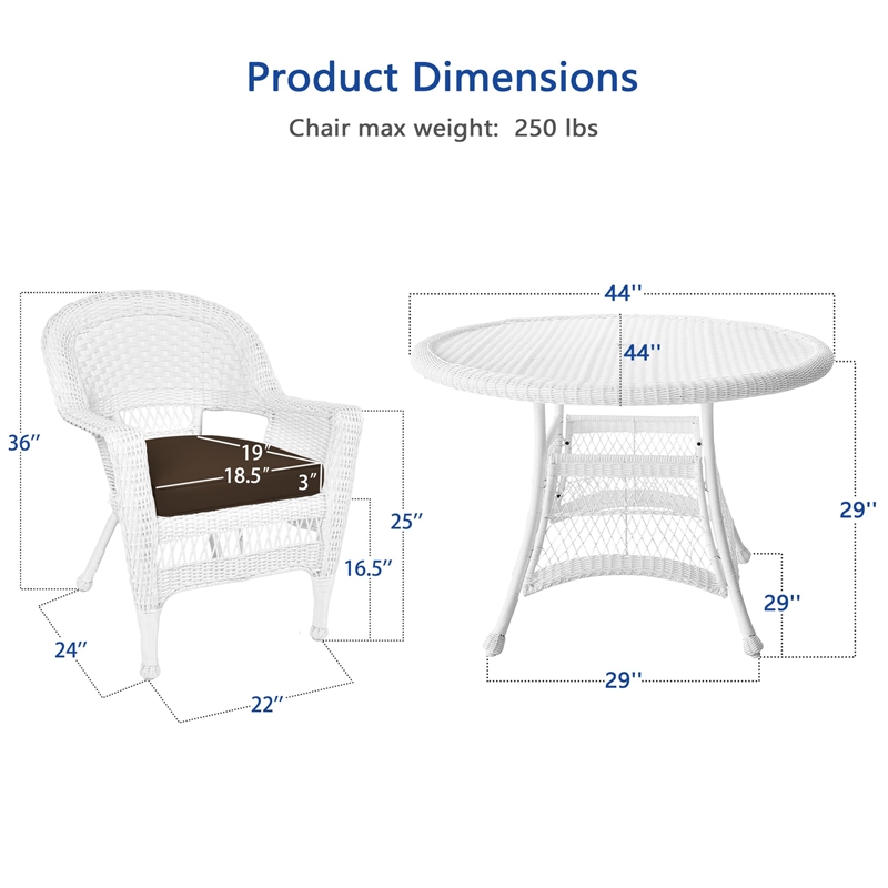 Jeco 5 Piece Resin Wicker Outdoor Patio Dining Set in White with Brown Cushion
