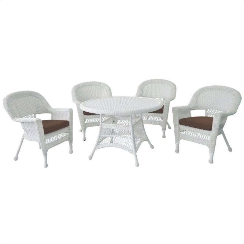 Jeco 5 Piece Resin Wicker Outdoor Patio Dining Set in White with Brown Cushion