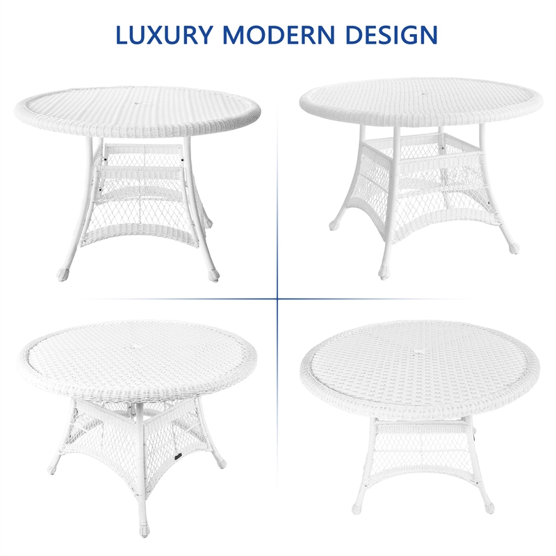 Jeco 5 Piece Resin Wicker Outdoor Patio Dining Set in White with Blue Cushion