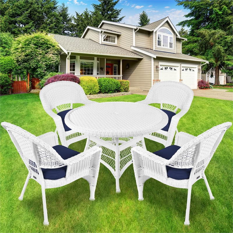 Jeco 5 Piece Resin Wicker Outdoor Patio Dining Set in White with Blue Cushion