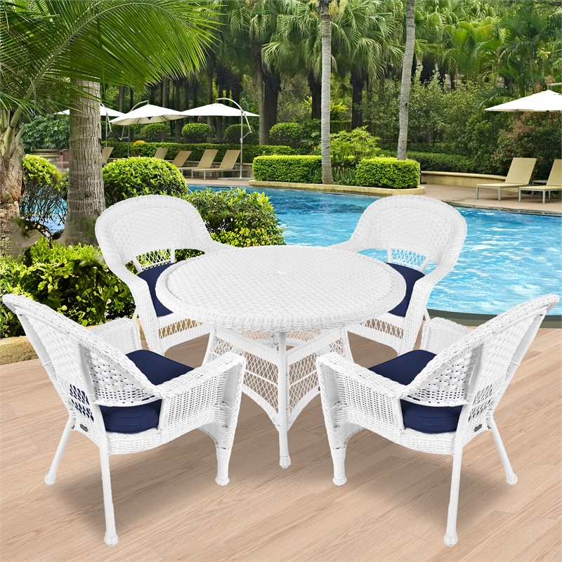 Jeco 5 Piece Resin Wicker Outdoor Patio Dining Set in White with Blue Cushion