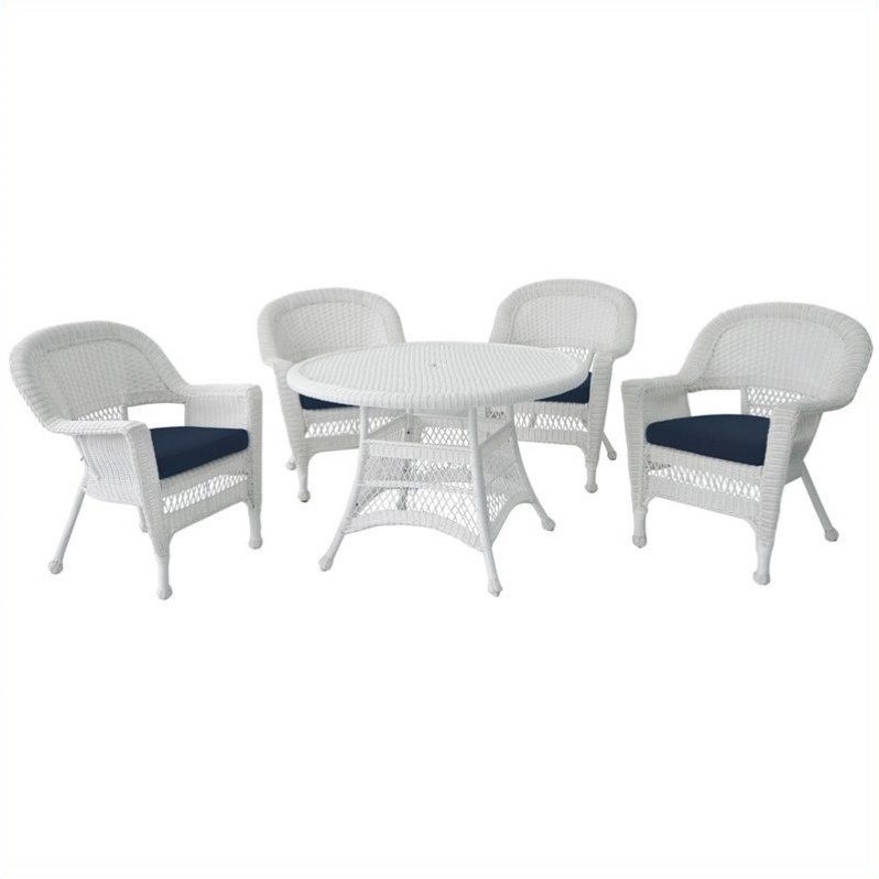 Jeco 5 Piece Resin Wicker Outdoor Patio Dining Set in White with Blue Cushion
