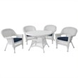 Jeco 5 Piece Resin Wicker Outdoor Patio Dining Set in White with Blue Cushion