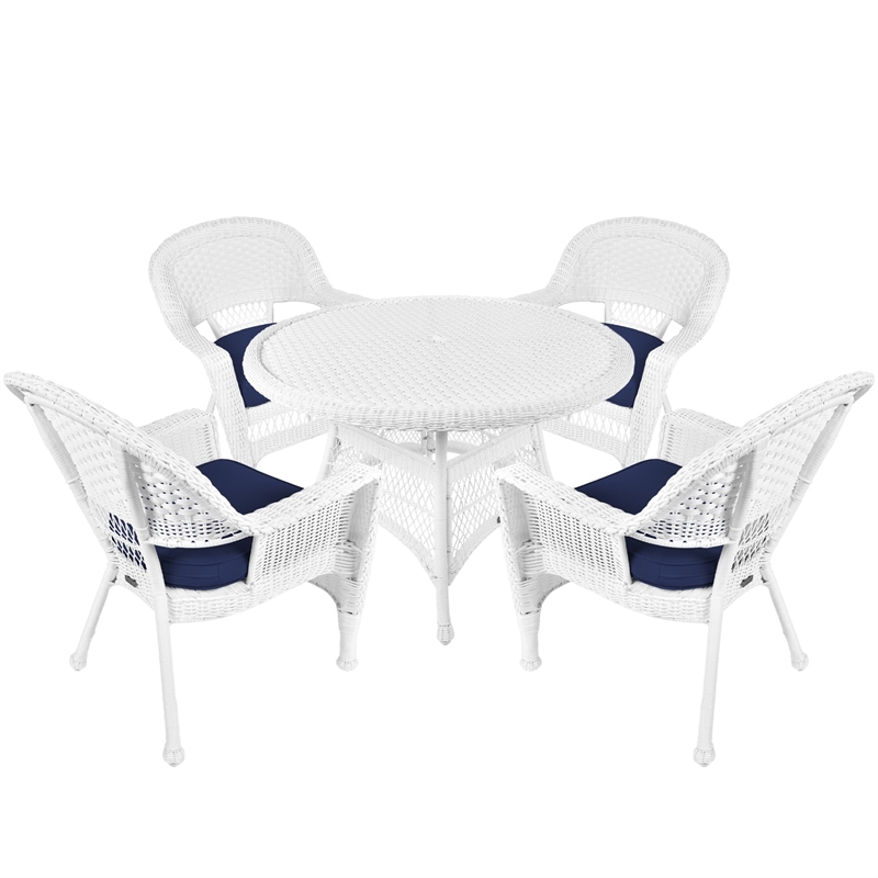 Jeco 5 Piece Resin Wicker Outdoor Patio Dining Set in White with Blue Cushion