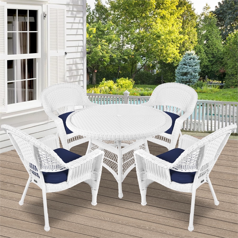 Jeco 5 Piece Resin Wicker Outdoor Patio Dining Set in White with Blue Cushion