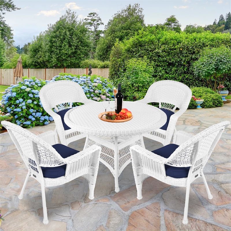 Jeco 5 Piece Resin Wicker Outdoor Patio Dining Set in White with Blue Cushion