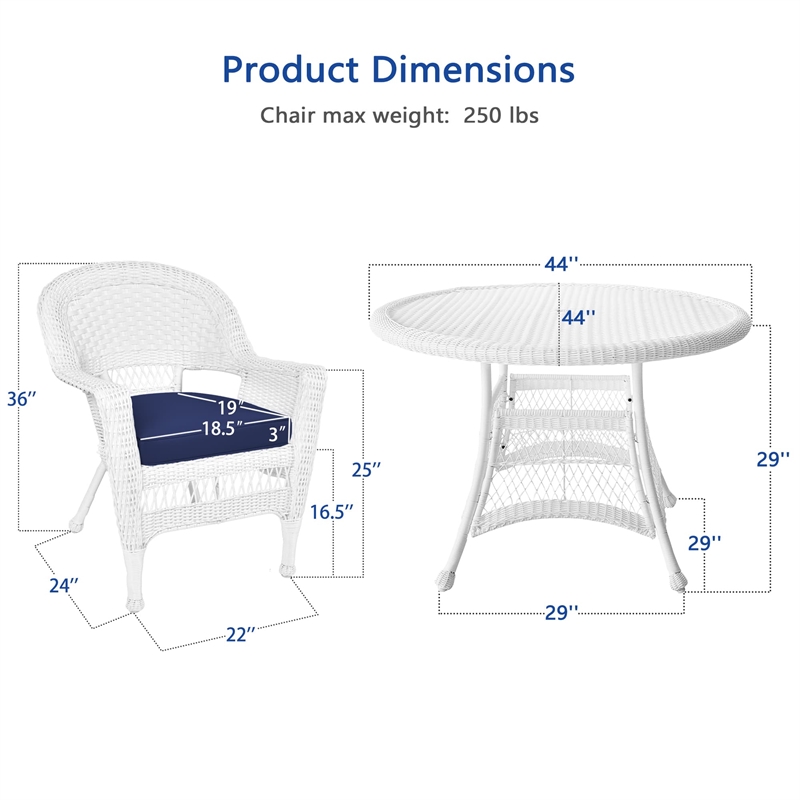 Jeco 5 Piece Resin Wicker Outdoor Patio Dining Set in White with Blue Cushion