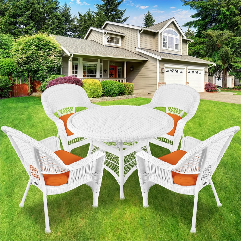 Jeco 5 Piece Resin Wicker Outdoor Patio Dining Set in White with Orange Cushion