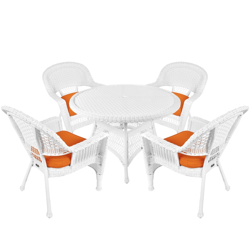 Jeco 5 Piece Resin Wicker Outdoor Patio Dining Set in White with Orange Cushion