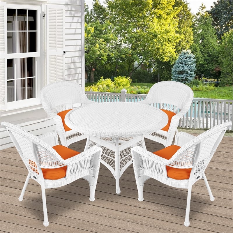 Jeco 5 Piece Resin Wicker Outdoor Patio Dining Set in White with Orange Cushion