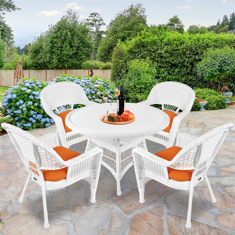 Jeco 5 Piece Resin Wicker Outdoor Patio Dining Set in White with Orange Cushion