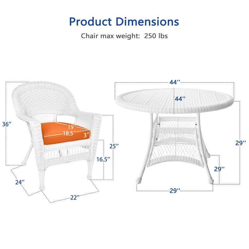 Jeco 5 Piece Resin Wicker Outdoor Patio Dining Set in White with Orange Cushion