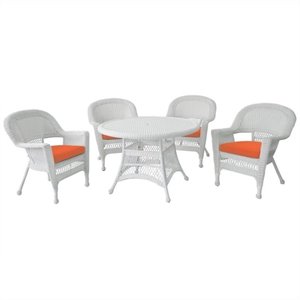 Jeco 5 Piece Resin Wicker Outdoor Patio Dining Set in White with Orange Cushion