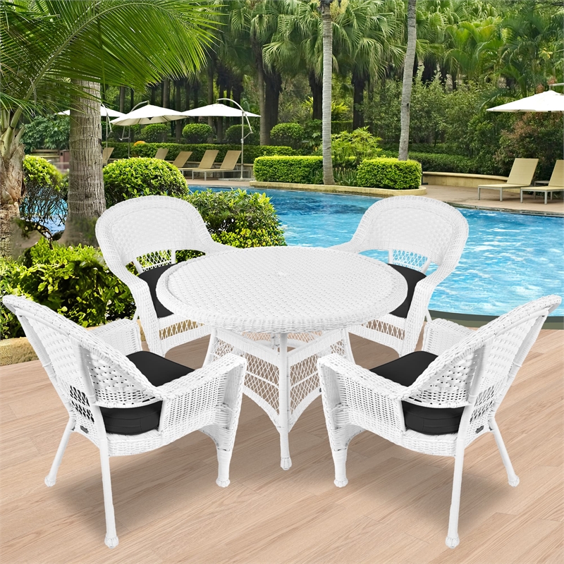 Jeco 5 Piece Resin Wicker Outdoor Patio Dining Set in White with Black Cushion