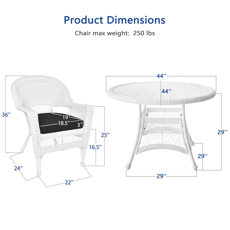 Jeco 5 Piece Resin Wicker Outdoor Patio Dining Set in White with Black Cushion