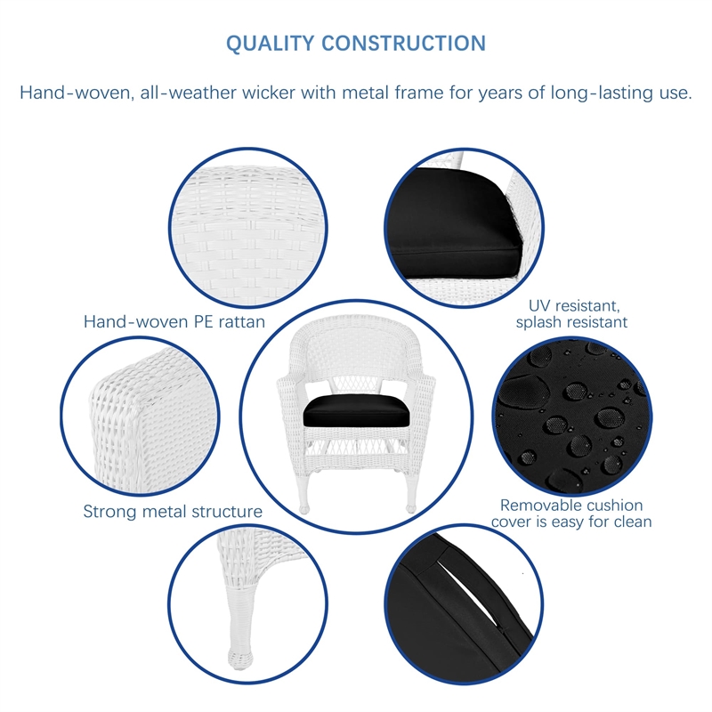 Jeco 5 Piece Resin Wicker Outdoor Patio Dining Set in White with Black Cushion